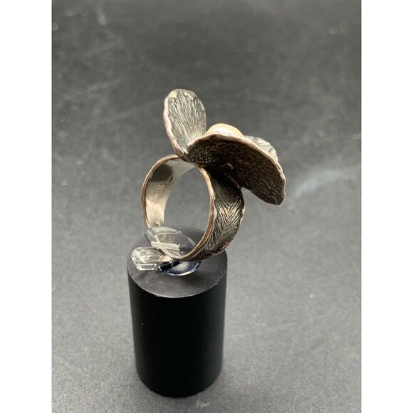 Flower And Pearl Ring Size 7 Sterling Silver High Raised Design Carved Band - Picture 3 of 8